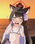  1girl :d alternate_breast_size animal_ears beach bikini blue_archive blush breasts brown_hair film_grain fox_ears fox_girl fox_tail hair_between_eyes halo hands_on_own_cheeks hands_on_own_face hands_up happy heeya highres long_hair looking_at_viewer multicolored_hair navel ocean outdoors petals red_hair red_halo small_breasts smile solo streaked_hair sunset swimsuit tail two-tone_hair upper_body very_long_hair wakamo_(blue_archive) wakamo_(swimsuit)_(blue_archive) white_bikini yellow_eyes 