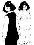  1girl arms_at_sides bob_cut bra breasts cleavage clenched_hands dated glasses greyscale hadashi_no_kenji highres kneeling looking_at_viewer medium_breasts monochrome multiple_views original panties standing underwear 