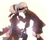  1boy 1girl 2b_(nier:automata) 9s_(nier:automata) absurdres black_blindfold black_choker black_coat black_dress black_gloves black_hairband black_shirt blindfold choker coat couple dress from_side gloves hairband hetero highres kinnme kiss nier:automata nier_(series) shirt short_hair shorts simple_background sitting thighs white_background white_hair 