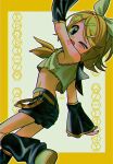  1girl arm_at_side arm_up belt blonde_hair blue_eyes border bow crop_top facing_to_the_side feet_out_of_frame from_behind hair_bow hair_ornament hairclip highres kagamine_rin knee_up leg_warmers looking_at_viewer looking_back menma_(enaic31) midriff neckerchief one_eye_closed open_mouth shorts signature sleeveless solo vocaloid white_bow white_footwear yellow_belt yellow_border yellow_neckerchief 