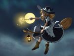  1girl apron black_dress blonde_hair boots bow braid broom broom_riding brown_footwear buttons cloud commentary dress eyebrows_visible_through_hair flying frilled_dress frills from_side full_body full_moon giantcavemushroom glowing hair_bow hat hat_bow highres kirisame_marisa lantern light_particles magic moon mountainous_horizon multicolored multicolored_clothes multicolored_dress night night_sky open_mouth pointing sky smile solo star_(sky) touhou twitter_username wand white_apron white_bow white_dress witch_hat yellow_eyes 