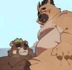  2020 anthro ashigara belly blush brown_body brown_fur canid canine canis domestic_dog duo fur hi_res kemono male male/male mammal moobs nipples overweight overweight_male quanjiang scar sitting tokyo_afterschool_summoners ursid video_games yasuyori 
