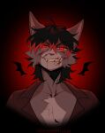 absurd_res anthro black_hair blood blood_from_mouth blood_in_mouth bodily_fluids bruised bruised_face canid canine canis dark_room fur glowing glowing_eyes grey_body grey_fur hair hi_res looking_at_viewer male mammal potrait red_eyes red_hair_tips sharp_fangs smile smiling_at_viewer solo vampimorph vampire wolf