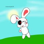 :3 ambiguous_gender anthro black_sclera chikn_nuggit fur gesture hand_gesture iscream_(chikn_nuggit) lagomorph leporid looking_at_viewer mammal one_eye_closed open_mouth oreomcfurry pupils rabbit red_paws red_pupils simple_background slit_pupils smile solo solo_focus star sun v_sign white_body white_fur wink winking_at_viewer