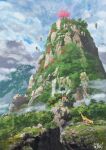  cloud cloudy_sky day fence floating_rock giraffe gyan_(akenosuisei) highres house mountain nature no_humans original scenery sky water waterfall 