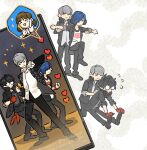  1girl 3boys amamiya_ren black_hair black_jacket black_shirt blue_hair brown_hair cellphone closed_eyes closed_mouth dancing doujima_nanako favilia flying_sweatdrops glasses gloves grey_hair headphones headphones_around_neck heart jacket livestream multiple_boys multiple_views narukami_yuu opaque_glasses open_clothes open_jacket open_mouth pants persona persona_3 persona_3:_dancing_moon_night persona_4 persona_4:_dancing_all_night persona_5 persona_5:_dancing_star_night persona_dancing phone red_gloves shirt simple_background sitting standing white_shirt yuuki_makoto_(persona_3) 