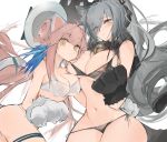 2girls ahoge alternate_costume animal_ears areola_slip areolae arknights bell bikini biting biting_clothes black_bikini blush breasts cat_ears cat_tail ceylon_(arknights) cleavage closed_mouth commentary cowboy_shot eyebrows_visible_through_hair eyes_visible_through_hair fake_animal_ears fake_tail gloves groin hair_between_eyes hair_over_one_eye hat large_breasts long_hair looking_at_viewer medium_breasts midriff mikojin multiple_girls navel orange_eyes paw_gloves paws pink_hair pubic_hair pubic_hair_peek schwarz_(arknights) side-tie_bikini silver_hair simple_background swimsuit tail thigh_strap thighs torn_clothes white_background white_bikini white_headwear yellow_eyes 