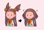  1girl arrow_(symbol) before_and_after black_eyes bow bowtie brown_hair cardigan closed_mouth dress green_dress hair_bobbles hair_down hair_flaps hair_ornament jasmine_(pokemon) long_hair multiple_views orange_bow orange_bowtie pokemon pokemon_hgss smile solid_oval_eyes two_side_up tyako_089 