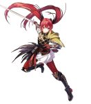  1girl armor attack boots english_commentary fire_emblem fire_emblem_fates fire_emblem_heroes gambeson gloves hair_ribbon highres holding holding_sword holding_weapon leg_up leggings long_hair non-web_source official_art open_mouth red_eyes red_hair red_leggings ribbon selena_(fire_emblem_fates) selena_(resplendent)_(fire_emblem_fates) solo sword twintails v-shaped_eyebrows very_long_hair weapon 