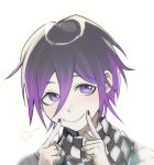  1boy alternate_hair_length alternate_hairstyle bangs black_hair black_nails checkered checkered_scarf closed_mouth danganronpa finger_to_mouth grey_background hair_between_eyes highres index_finger_raised kyandii looking_at_viewer male_focus nail_polish new_danganronpa_v3 ouma_kokichi purple_eyes purple_hair scarf short_hair simple_background sketch smile solo star_(symbol) upper_body white_background 