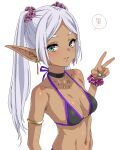  1girl armlet bikini black_bikini breasts choker dark-skinned_female dark_skin earrings elf frieren green_eyes grey_hair gyaru hair_ornament hair_scrunchie jewelry karube_guri long_hair looking_at_viewer navel necklace pointy_ears scrunchie small_breasts solo sousou_no_frieren swimsuit tan twintails v wrist_scrunchie 