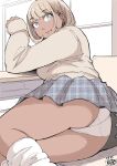  1girl absurdres ass blonde_hair blue_eyes chair dark-skinned_female dark_skin dated desk fangs gyaru hadashi_no_kenji highres indoors long_sleeves looking_at_viewer loose_socks medium_hair original panties plaid plaid_skirt plump school_desk sitting skin_fangs skirt socks solo underwear unmoving_pattern white_panties 