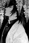  1boy absurdres adam&#039;s_apple black_background buttons closed_mouth demon_slayer_uniform expressionless flower from_side greyscale hair_between_eyes haori highres jacket japanese_clothes kimetsu_no_yaiba long_hair looking_up low_ponytail male_focus monochrome noroinoenojin profile simple_background solo tomioka_giyuu upper_body wisteria 