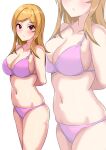  1girl absurdres alternate_costume arms_behind_back bikini blonde_hair blush breasts cleavage collarbone highres idolmaster idolmaster_million_live! itou_souta large_breasts looking_at_viewer momose_rio navel pink_bikini red_eyes simple_background skindentation solo stomach swimsuit white_background zoom_layer 