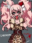  1girl \n/ animal_hair_ornament animal_print black_choker blonde_hair blood blood_splatter bow breasts choker cleavage collarbone cowboy_shot danganronpa:_trigger_happy_havoc danganronpa_(series) danganronpa_3_(anime) enoshima_junko fangs hair_bow hair_ornament leopard_print long_sleeves looking_at_viewer medium_breasts pyurupretty solo swept_bangs tongue tongue_out twintails upper_body 