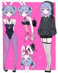  1girl absurdres animal_ears black_hoodie black_leotard blue_eyes blue_hair breasts cellphone cuffs expressionless fake_animal_ears fishnet_thighhighs fishnets full_body garter_straps handcuffs hands_in_pockets hatsune_miku highres holding holding_phone hood hoodie intoru_4 leotard multiple_views pantyhose phone pink_pupils playboy_bunny rabbit_ears rabbit_hole_(vocaloid) small_breasts smartphone smile thighhighs through_wall twintails upside-down vocaloid 