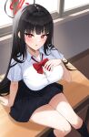  1girl absurdres alternate_costume black_hair black_skirt blue_archive breasts desk halo highres large_breasts long_hair naze236 on_desk red_eyes red_ribbon ribbon rio_(blue_archive) school_uniform shirt skirt solo thighs uniform very_long_hair white_shirt 
