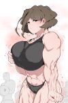  1girl 2boys ? abs blush breasts brown_hair dumbbell geumgang_(odd_snail) heart highres large_breasts looking_at_viewer multiple_boys muscular muscular_female oddsnail original short_hair tank_top veins veiny_arms 