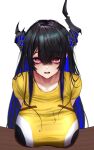  1girl absurdres alternate_breast_size asymmetrical_horns black_hair blue_hair breasts colored_inner_hair demon_horns desk emoji flushed_face_emoji flushed_face_emoji_shirt_(meme) hair_ornament highres hololive hololive_english horns huge_breasts long_hair looking_at_viewer meme mole mole_under_eye multicolored_hair nerissa_ravencroft red_eyes shirt short_sleeves soju_ice solo t-shirt two-tone_hair uneven_horns upper_body very_long_hair virtual_youtuber 