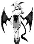  1girl bare_shoulders breastless_clothes breastless_leotard breasts choker collarbone demon_girl demon_tail demon_wings detached_sleeves dokunasubi ear_piercing fingernails greyscale hair_between_eyes head_wings high_heels highres large_breasts long_hair looking_at_viewer monochrome nail_polish nipples original pantyhose piercing pigeon-toed simple_background solo spike_piercing tail white_background wings zipper 