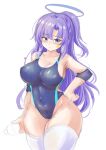  1girl absurdres black_one-piece_swimsuit blue_archive blue_eyes blush bottle breasts cleavage collarbone commentary_request competition_swimsuit covered_navel curvy grey_background halo hand_on_own_hip highres holding holding_bottle large_breasts long_hair looking_at_viewer mechanical_halo one-piece_swimsuit purple_hair sidelocks simple_background solo standing star_sticker sticker_on_face swimsuit thick_thighs thighhighs thighs tong_shui two_side_up water_bottle wide_hips yuuka_(blue_archive) 