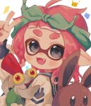  1girl :d blue_bow blue_eyes blue_hairband bow bow_hairband brown_fur commentary_request eevee fangs hair_bow hairband highres inkling inkling_girl inkling_player_character looking_at_viewer medium_hair ochocho2828 open_mouth pink_hair pointy_ears pokemon pokemon_(creature) red_eyes red_hair simple_background smallfry_(splatoon) smile sparkle splatoon_(series) splatoon_3 tentacle_hair thick_eyebrows upper_body v white_background 