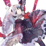  1girl artist_name black_dress detached_wings dress energy_wings highres kojima_(blue_stardust) long_hair multiple_wings red_eyes ribbon simple_background solo sparkle under_night_in-birth vatista white_background white_hair wings 