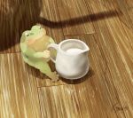  artist_name commentary_request cup frog hachiya_shohei highres holding holding_cup liquid no_humans original shadow sitting solo sweat 