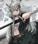  1girl absurdres animal_ears arknights belt black_belt black_jacket commentary_request cowboy_shot grey_eyes grey_hair grin hair_ornament hairclip highres holding holding_sword holding_weapon jacket lappland_(arknights) long_hair looking_at_viewer midriff navel open_clothes open_jacket scar scar_across_eye sharp_teeth smile solo sp4rk standing stomach strapless sword teeth tube_top very_long_hair weapon wolf_ears 