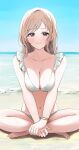  1girl absurdres bare_shoulders barefoot beach bikini blue_sky blush bracelet breasts brown_eyes brown_hair closed_mouth collarbone commentary day highres horizon idolmaster idolmaster_shiny_colors indian_style jewelry large_breasts looking_at_viewer navel ocean outdoors pdal_(pdalhhh) sakuragi_mano sand short_hair sitting sky smile solo swimsuit v_arms white_bikini 