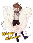  1boy black_shorts brown_eyes brown_hair candy collared_shirt food full_body ghost_costume happy_halloween highres kd_(jichaman1) lollipop male_focus open_mouth purple_ribbon purple_shirt ribbon shirt shorts solo spider_web_print suspenders swirl_lollipop teeth upper_teeth_only white_background white_shirt wrapped_candy yu-gi-oh! yu-gi-oh!_gx yuuki_juudai 