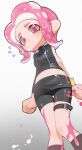  1girl bike_shorts blush clenched_hands closed_mouth film_grain flying_sweatdrops gradient_background highres ink midriff navel octoling octoling_girl octoling_player_character purple_eyes purple_hair salted_whale sleeveless solo splatoon_(series) tentacle_hair thigh_gap thigh_strap zipper zipper_pull_tab 
