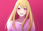  1girl blonde_hair blush commentary english_commentary hair_down highres hoshino_ruby long_hair looking_at_viewer mismatched_pupils no_pupils open_mouth oshi_no_ko pink_background pink_eyes pink_shirt romaji_text scene_reference shirt sidelocks simple_background solo star-shaped_pupils star_(symbol) subtitled symbol-shaped_pupils teeth upper_body upper_teeth_only war_artwork 