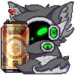 1:1 activision animated anthro beverage beverage_can biped c.a.m. call_of_duty call_of_duty:_black_ops_cold_war canid canine canis cod_zombies container cybernetics digital_drawing_(artwork) digital_media_(artwork) digitigrade embrace fluffy fluffy_tail fur glowing glowing_body glowing_eyes green_body green_eyes green_glow grey_body grey_fur grey_hair grey_tail hair heart_reaction heart_symbol holding_beverage holding_object hug hugging_object jackal likara love low_res machine male mammal military perk_a_cola protogen protogen_armor protogen_face protogen_visor protogenized robotic short_playtime solo special_forces stamin-up stamin_up tail tuft yuri_chacal