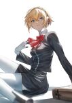  1girl aegis_(persona) android blonde_hair blue_eyes bow bowtie fagi_(kakikaki) gekkoukan_high_school_uniform hair_between_eyes hand_on_own_chest highres looking_at_viewer mechanical_legs parted_lips persona persona_3 red_bow red_bowtie robot_ears school_uniform short_hair sitting skirt solo white_background 