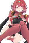  1girl absurdres ass black_gloves blush breasts chest_jewel drop_earrings earrings fingerless_gloves gloves half-closed_eyes hand_on_own_chest highres impossible_clothes jewelry knees_together_feet_apart knees_up large_breasts latte pyra_(xenoblade) raised_eyebrows red_eyes red_hair red_shorts red_thighhighs short_hair short_shorts short_sleeves shorts sitting skindentation solo steam sweatdrop swept_bangs thick_thighs thighhighs thighs tiara xenoblade_chronicles_(series) xenoblade_chronicles_2 