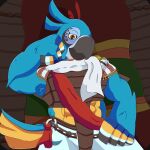 1:1 accessory anthro avian bedroom_eyes bird blue_body breath_of_the_wild clothing feathers hi_res kass_(tloz) looking_at_viewer male narrowed_eyes nintendo rito scarf seductive shrouded_tiger solo tail tail_feathers the_legend_of_zelda yellow_body yellow_eyes