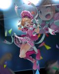  1girl bad_source beret blurry blurry_foreground boots brown_eyes cosmic_break dress frills gloves hat idol index_finger_raised jewelry jumping lala_ricotte light_brown_hair one_eye_closed open_mouth pink_dress ring short_hair sidelocks smile teeth television thighs third-party_source tutu upper_teeth_only wakaba_sprout white_gloves 