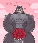 2024 abs absurd_res anthro areola artist_name balls biceps black_hair bouquet canid canine canis cloud dialogue english_text flaccid flower flower_bouquet front_view fur genitals grey_areola grey_balls grey_body grey_ears grey_fur grey_inner_ear grey_penis hair heart_symbol hearts_around_head hi_res holidays looking_at_viewer looking_down looking_down_at_viewer low-angle_view mako_(pumpking_wolf) male male_anthro mammal mask muscular muscular_anthro muscular_male navel nude nude_anthro nude_male open_mouth outline outside pecs penis pink_ribbon pink_sky plant pumpking_wolf red_eyes red_text ribbons rose_(flower) skull_mask sky solo talking_to_viewer teeth text valentine&#039;s_day vein veiny_penis white_mask white_outline wolf