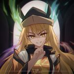  1girl black_headwear blonde_hair chunjiu commentary constellation_print detached_sleeves evil_smile hat highres long_hair long_sleeves looking_at_viewer matara_okina open_mouth orange_sleeves orange_tabard shaded_face smile solo sun_print sun_symbol tabard touhou translation_request yellow_eyes 
