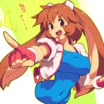  1girl :d animal_ears breasts brown_eyes brown_hair commentary_request covered_navel fingerless_gloves gloves green_background large_breasts long_hair looking_at_viewer makihara_arina metata multicolored_hair open_mouth rabbit_ears rabbit_girl red_gloves smile solo teeth twintails two-tone_hair upper_teeth_only waku_waku_7 white_background 