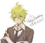  1boy ahoge amami_rantarou brown_sweater collared_shirt commentary crossed_arms danganronpa dated green_eyes green_hair happy_birthday heart kyandii looking_at_viewer male_focus necktie new_danganronpa_v3 shirt short_hair simple_background solo striped striped_neckwear sweater upper_body white_background white_shirt 