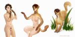  2020 black_hair breasts devergilia female feral fur genitals grass growth hair herpestid human human_to_feral mammal mongoose navel nipples nude pussy sequence short_hair simple_background smile species_transformation surprise tail_growth tan_body tan_fur transformation white_background 