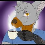  1:1 2020 anthro arclight artificial_arm avatar_(disambiguation) avatar_material beverage brown_nose canid canine canis coffee cybernetics drinking eye_scar fur grey_body grey_fur hi_res looking_at_viewer machine male mammal orange_eyes scar smile wolf yarpi 