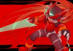  1boy absurdres android armor black_eyes blonde_hair boots denjyou23 energy_sword forehead_jewel helmet highres holding holding_sword holding_weapon long_hair looking_at_viewer mega_man_(series) mega_man_zero_(series) red_armor red_background red_footwear red_headwear ringed_eyes signature solo sword weapon z_saber zero(z)_(mega_man) zero_(mega_man) 