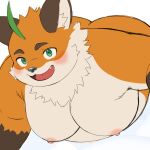 anthro belly blush canid canine clothed clothing fox fur green_eyes hi_res iyo_(tamacolle) looking_at_viewer male mammal moobs nipples orange_body orange_fur overweight solo tamacolle through_wall topless z_g_m_f_x20a