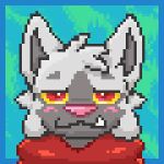 2024 aztepyeen blush blush_lines dark_body dark_fur digital_media_(artwork) fangs fur generation_3_pokemon grey_body grey_fur grey_hair hair hi_res icon looking_at_viewer multicolored_body multicolored_fur nintendo pink_nose pixel_(artwork) pokemon pokemon_(species) poochyena red_eyes scarf smile teeth two_tone_body two_tone_fur yellow_sclera