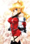  1girl blonde_hair blue_eyes blush breasts cleavage excellen_browning gloves itto_can jacket large_breasts long_hair looking_at_viewer ponytail smile solo super_robot_wars super_robot_wars_original_generation thighhighs 
