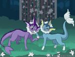 blue_body blush duo eeveelution female feral flower forest fuf generation_1_pokemon gloves_(marking) hi_res male markings nintendo offering_flower one_eye_closed open_mouth outside plant pokemon pokemon_(species) purple_body tail tree vaporeon wink