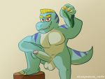  4:3 anthro balls big_balls big_penis blue_body blue_skin claws clothing dinosaur dizzysauce_nsfw genitals hi_res jockstrap looking_at_viewer male muscular muscular_anthro muscular_male pecs penis red_eyes reptile scalie smile solo theropod tyrannosaurid tyrannosaurus tyrannosaurus_rex underwear 